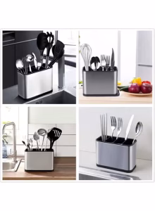 Metal Cutlery Holder Racks Spoon Stand, Kitchen Utensil Crock Storage Organizer 4 Divider - Image 3
