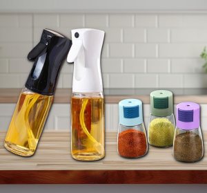 5in1 Kitchen Dispenser Set – 2 Oil Spray Bottles (245ml) + 3 Seasoning Jars (180ml)